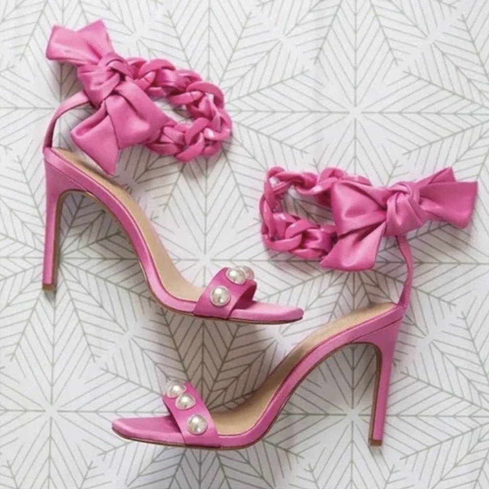 Gianni Bini Hot Pink Pearl-Embellished Braided Ankle Tie Sandals
